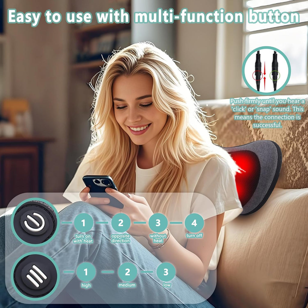 Shiatsu Neck and Back Massager with Heat - Deep Tissue Massage Pillow for Neck, Back & Shoulders Pain Relief, Ergonomic Design Electric Massager for Home, Car, Office Use, Gray