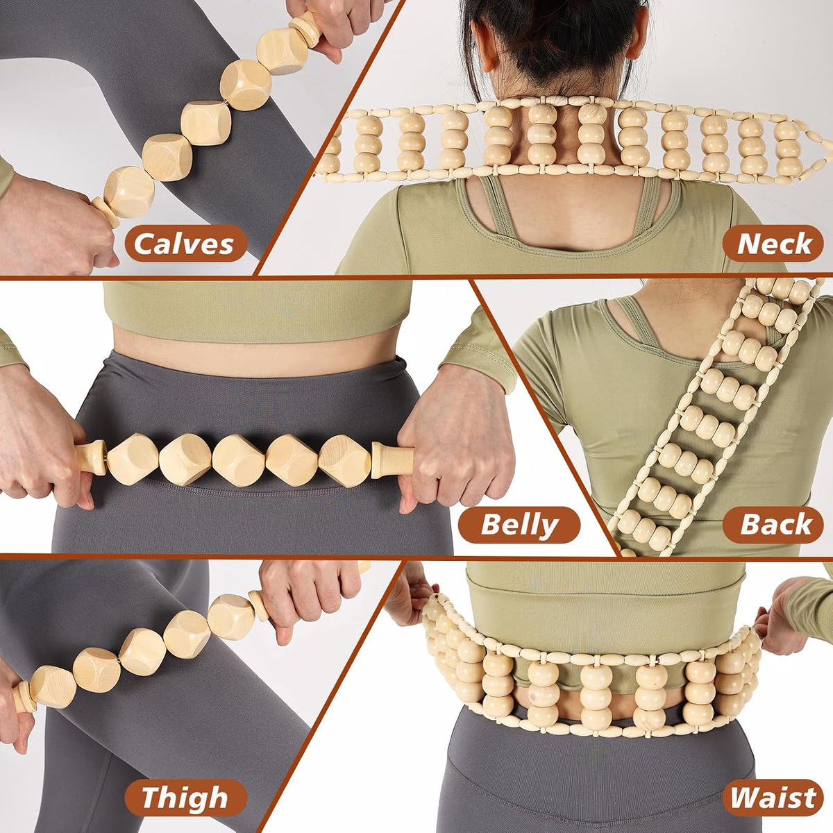 Wood Therapy Tools for Body Shaping,8 in 1 Wood Therapy Massage Tools,Wooden Gua Sha Tools,Lymphatic Drainage Massager,Maderoterapia Kit,Wooden Massager Roller Rope for Body Shaping, Beige