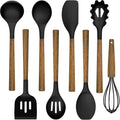 Silicone Cooking Utensil Set,  8-Piece Kitchen Utensils Set with Natural Acacia Wooden Handles,Food-Grade-Silicone Kitchen Gadgets Spatulas Set for Nonstick Cookware- Black
