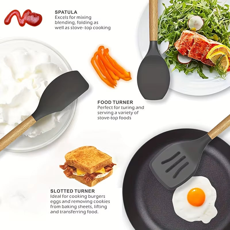 Kitchen Silicone Cooking Utensils, 12 Pc Kitchen Utensil Set, Wooden Kitchen Utensils, Kitchen Gadgets and Spatula Set