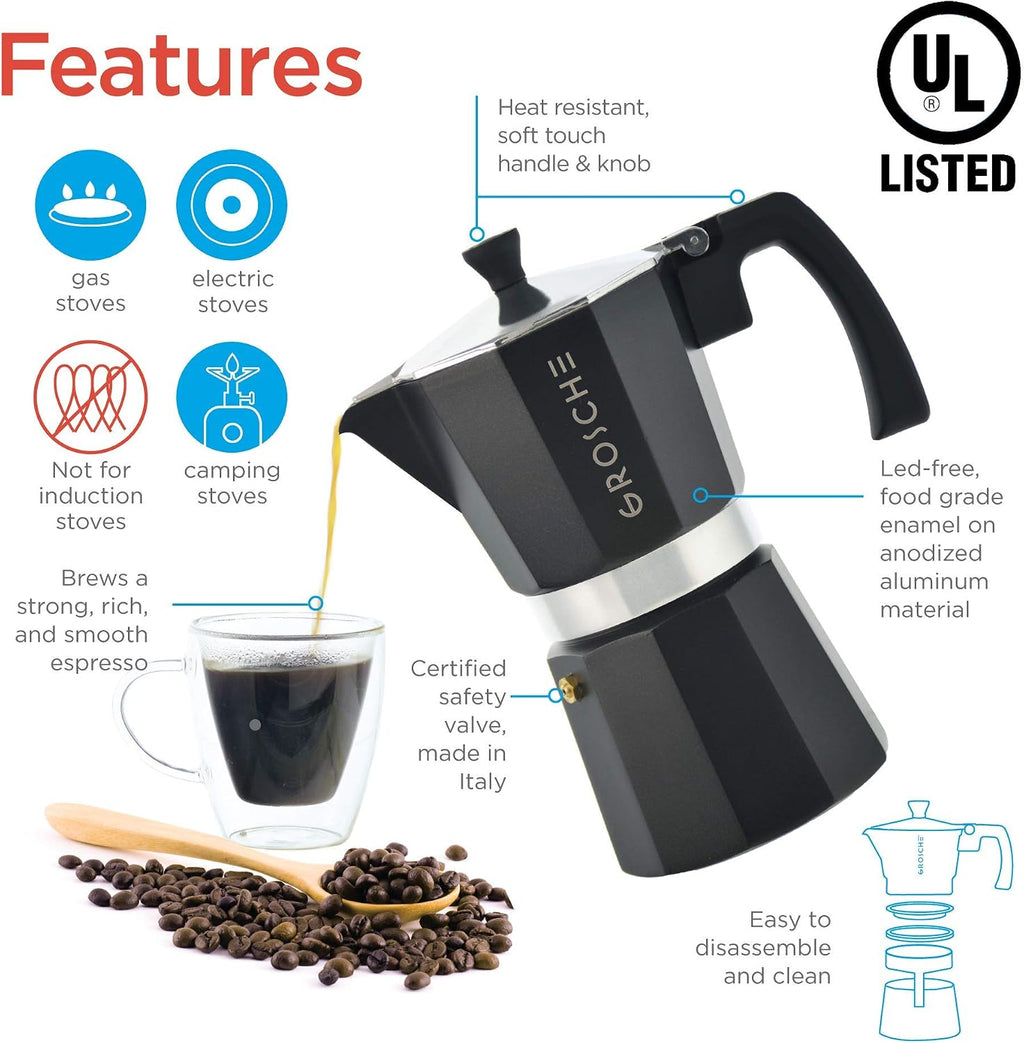 Milano Stovetop Espresso Maker Moka Pot 12 Espresso Cup, Black