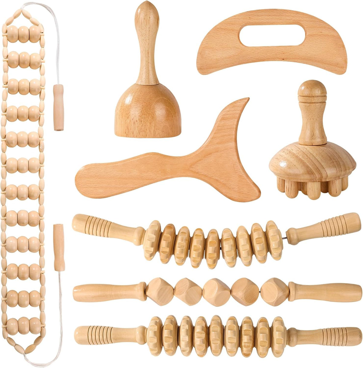 Wood Therapy Tools for Body Shaping,8 in 1 Wood Therapy Massage Tools,Wooden Gua Sha Tools,Lymphatic Drainage Massager,Maderoterapia Kit,Wooden Massager Roller Rope for Body Shaping, Beige