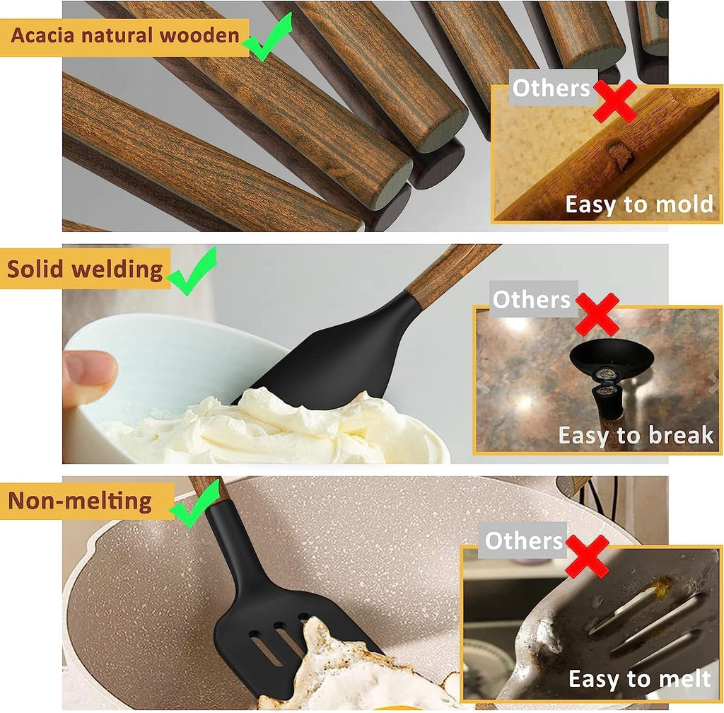 Silicone Cooking Utensil Set,  8-Piece Kitchen Utensils Set with Natural Acacia Wooden Handles,Food-Grade-Silicone Kitchen Gadgets Spatulas Set for Nonstick Cookware- Black
