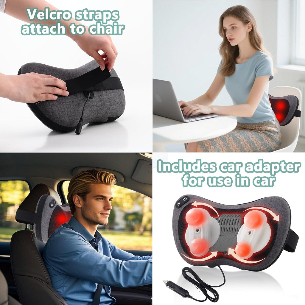 Shiatsu Neck and Back Massager with Heat - Deep Tissue Massage Pillow for Neck, Back & Shoulders Pain Relief, Ergonomic Design Electric Massager for Home, Car, Office Use, Gray